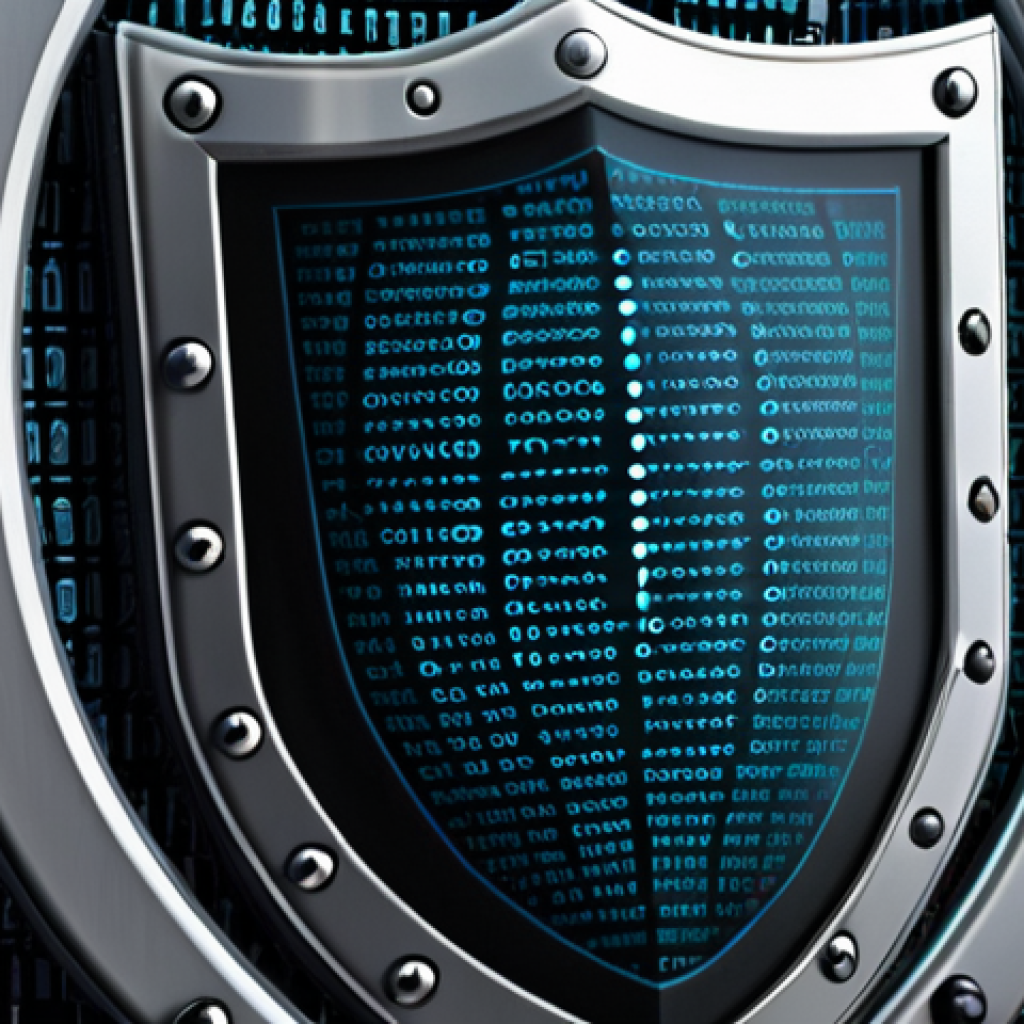 Cyber security shield: A digital shield protecting company data from a cyber attack, with binary code patterns.