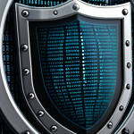 Cyber security shield: A digital shield protecting company data from a cyber attack, with binary code patterns.