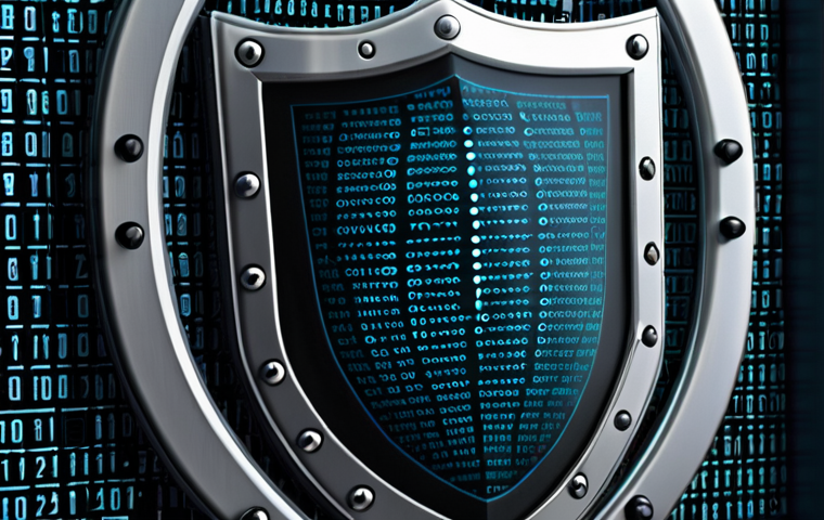 Cyber security shield: A digital shield protecting company data from a cyber attack, with binary code patterns.